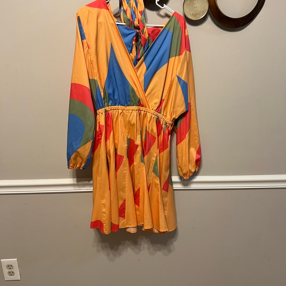 Multicolor Orange light blue and green flare out satin dress